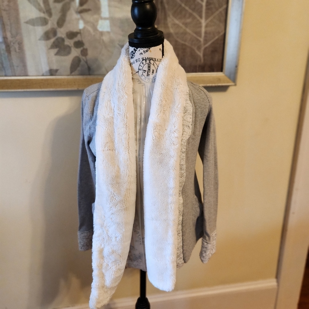 Anthropologie's Gray Cardigan with White Faux Fur Trim